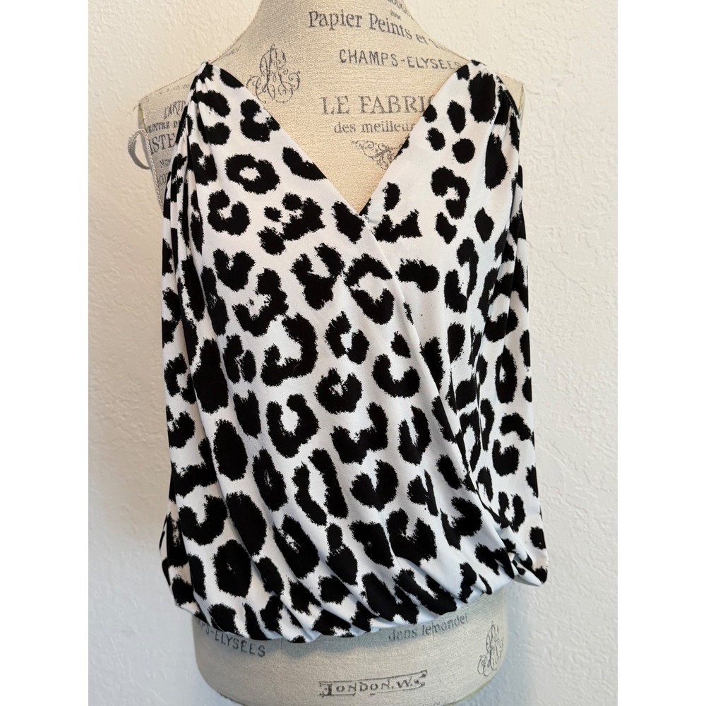 Express Womens Large Leopard Print Surplice Blouson Tank Top Black White Blouse